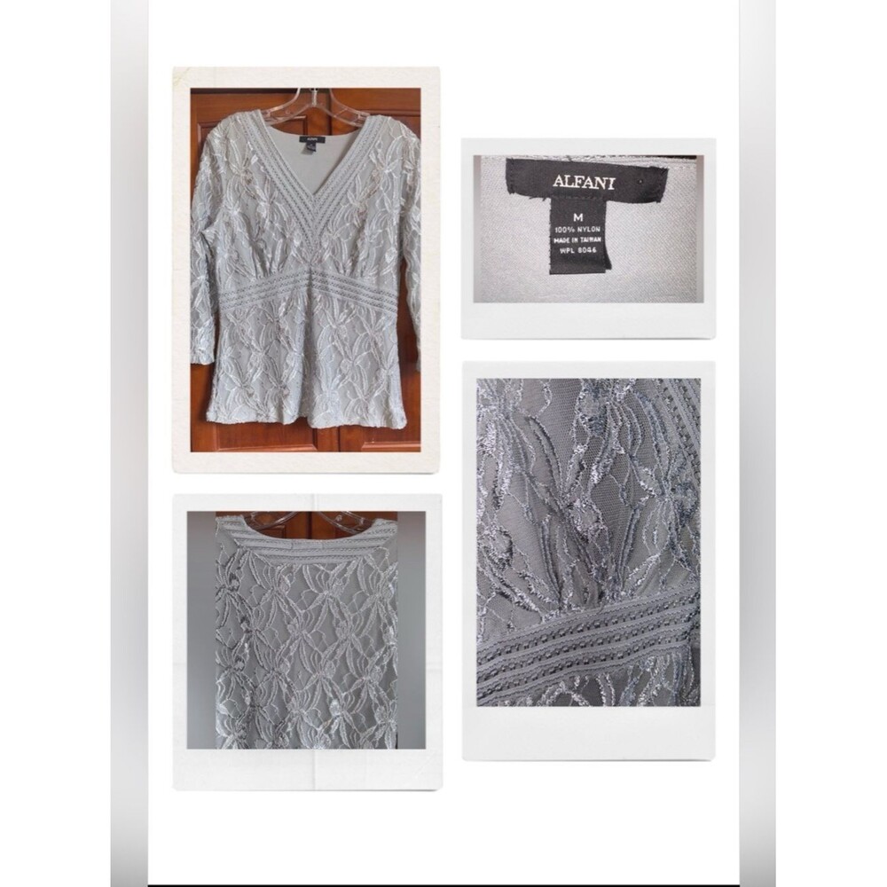 Alfani Silver Textured V-Neck Blouse #1007